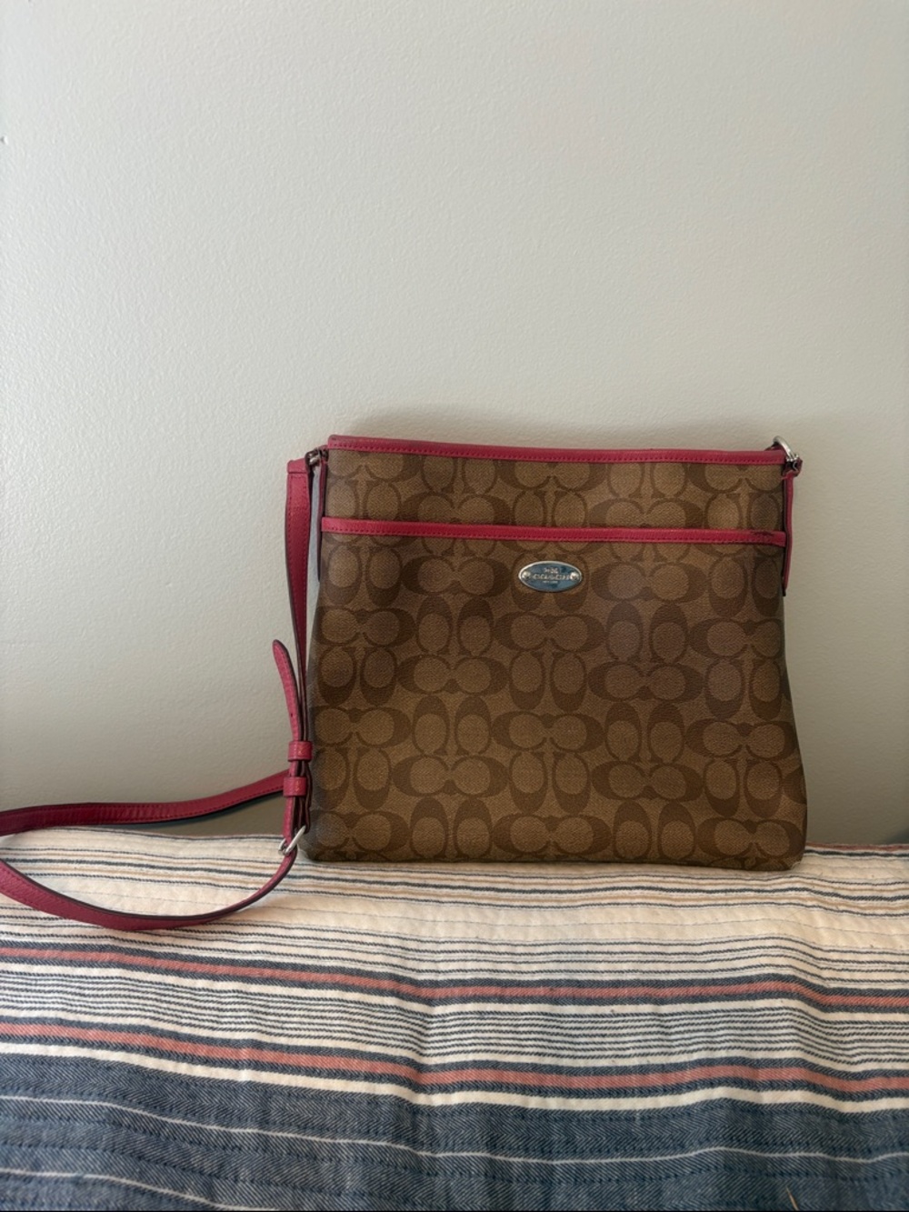 Coach Brown Signature Crossbody with Pink Trim